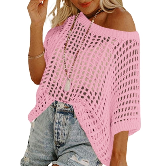 Zeagoo Swimsuit Coverup for Women Crochet Sweaters Tops Lightweight Short Sleeve Crew Neck Summer Clothes