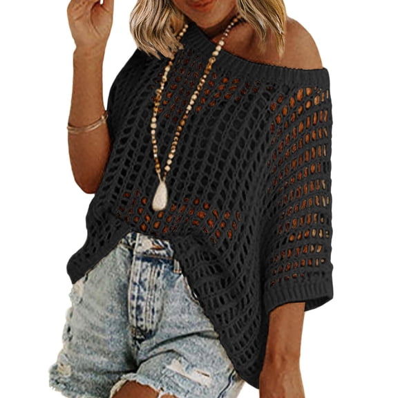 Zeagoo Swimsuit Coverup for Women Crochet Sweaters Tops Lightweight Short Sleeve Crew Neck Summer Clothes
