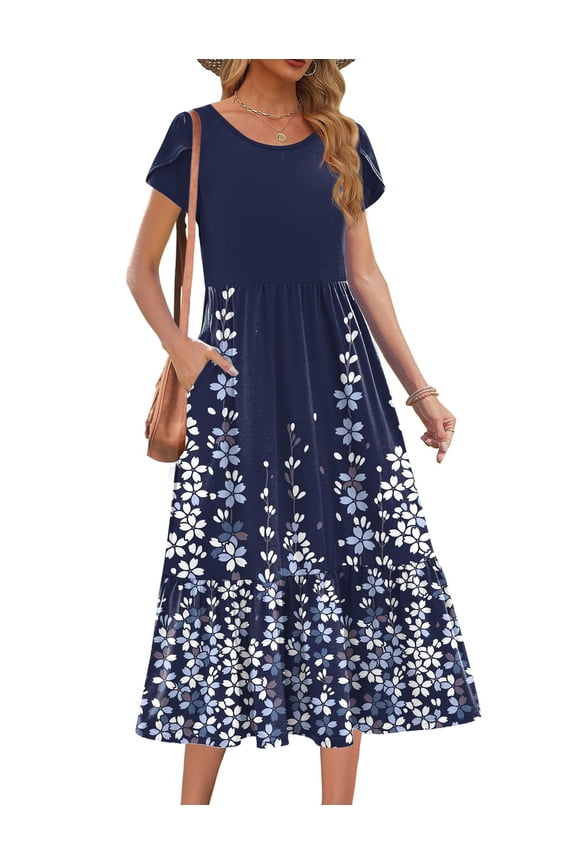 T Shirt Midi Dress for Women Summer Casual Tiered Dresses A Line Swing Long Dresses with Pockets Short Sleeve Beach Dress