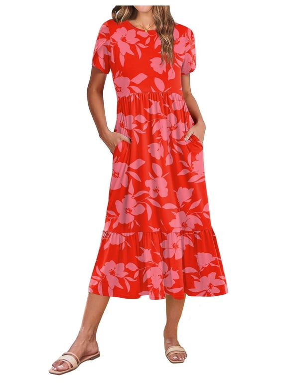T Shirt Midi Dress for Women Summer Casual Tiered Dresses A Line Swing Long Dresses with Pockets Short Sleeve Beach Dress