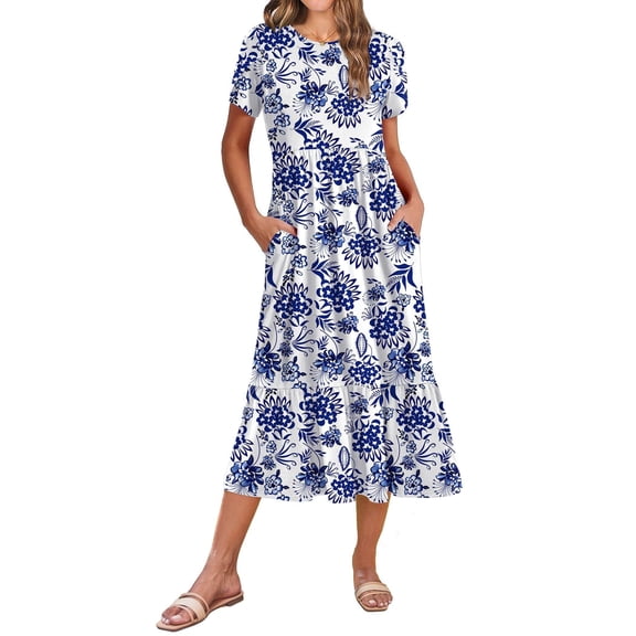 Zeagoo T Shirt Midi Dress for Women Summer Casual Tiered Dresses A Line Swing Long Dresses with Pockets Short Sleeve Beach Dress