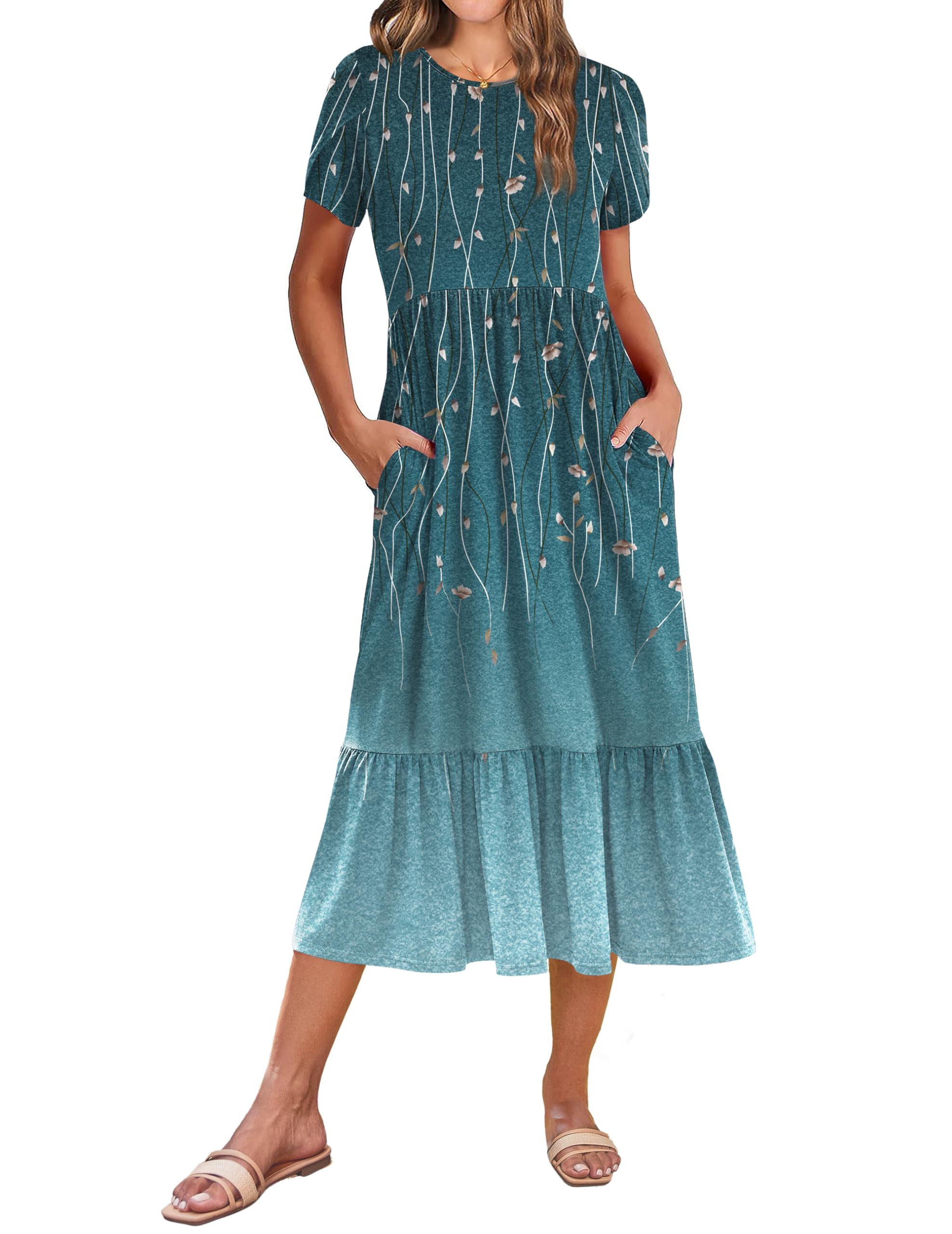 tiered t shirt midi dress Zeagoo T Shirt Midi Dress for Women Summer Casual Tiered Dresses A Line  Swing Long Dresses with Pockets Short Sleeve Beach Dress