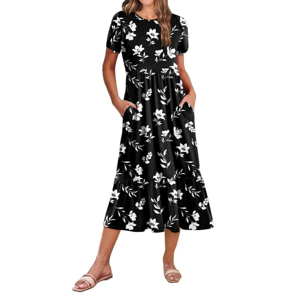 Zeagoo T Shirt Midi Dress for Women Summer Casual Tiered Dresses A Line Swing Long Dresses with Pockets Short Sleeve Beach Dress