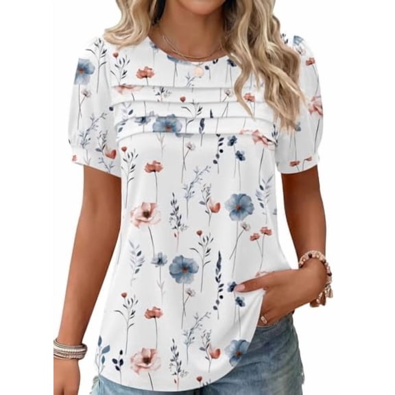 Zeagoo Tunic Tops for Women Business Casual Puff Short Sleeve Summer Outfit Loose Fit Shirt Crewneck Flowy Blouses