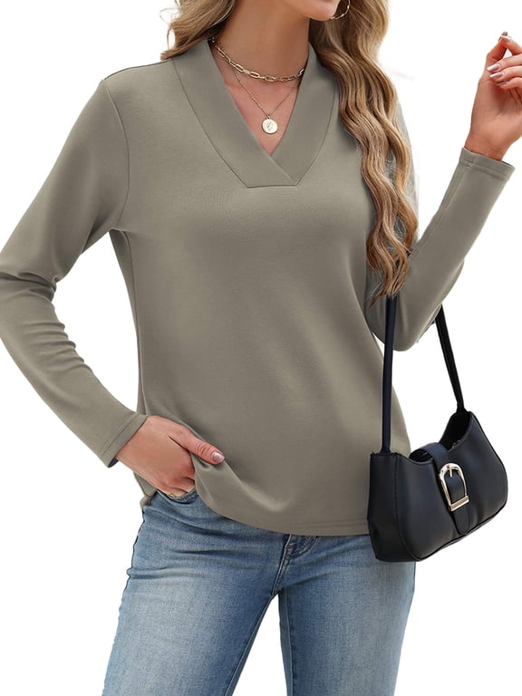 V Neck Blouse for Women Casual Dressy Basic Tops Soft Solid Long Sleeves Shirts Trendy Fall Tops