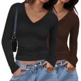 thumbnail image 1 of Zeagoo V Neck Long Sleeve Shirts for Women 2025 Slim Fitted Going Out Tops Basic Fall Winter Tee 2 Pack, 1 of 6