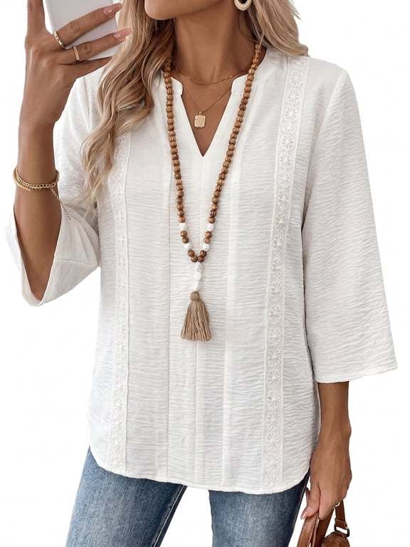 V Neck Tunic Blouse for Women 3/4 Sleeve Textured Floral Lace Panel Shirt Dressy Casual Fall Trendy Tops