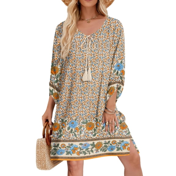 Zeagoo Vocation Women Casual Summer Dress Boho V Neck 2025 Long Sleeve Short Babydoll Floral Print Flowy Beach Dresses