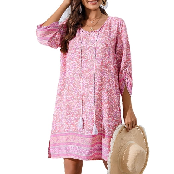 Zeagoo Vocation Women Casual Summer Dress Boho V Neck 2025 Long Sleeve Short Babydoll Floral Print Flowy Beach Dresses