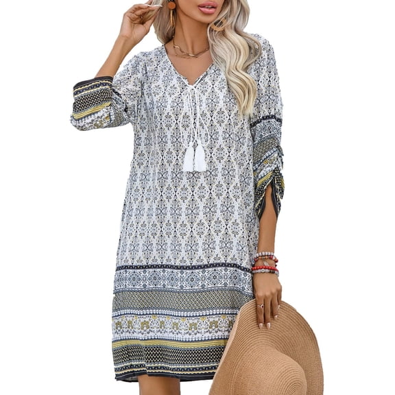 Zeagoo Vocation Women Casual Summer Dress Boho V Neck 2025 Long Sleeve Short Babydoll Floral Print Flowy Beach Dresses