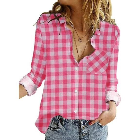 Zeagoo Woman Collared Plaid Shirt Females Classic Fit Button Down Flaneel Shirt Plaid Blouse Long Sleeve Autumn Tops