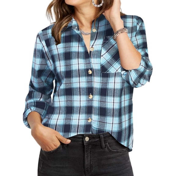 Zeagoo Woman Collared Plaid Shirt Females Classic Fit Button Down Flaneel Shirt Plaid Blouse Long Sleeve Autumn Tops