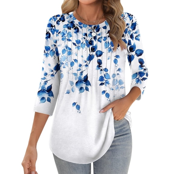 Zeagoo Women Blouses 3/4 Length Sleeve Loose Shirts Cute Spring Summer Blouses Pleated Floral Tunics Crewneck Clothes