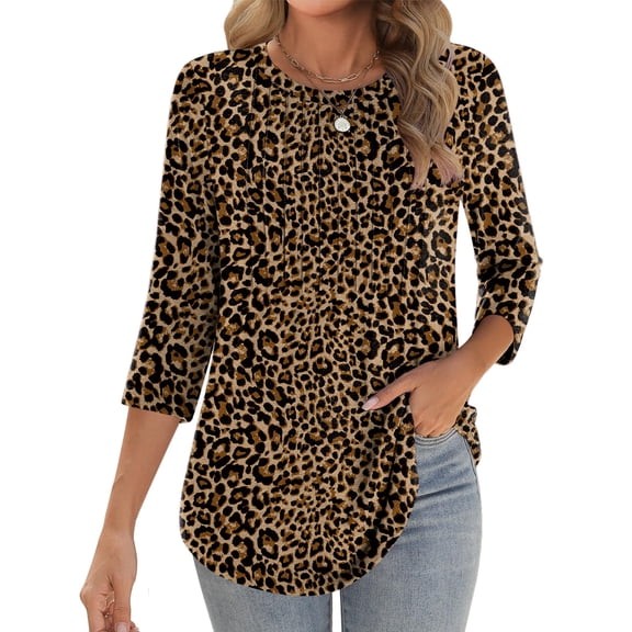 Zeagoo Women Blouses 3/4 Length Sleeve Loose Shirts Cute Spring Summer Blouses Pleated Plus Size Floral Tunics Crewneck Clothes