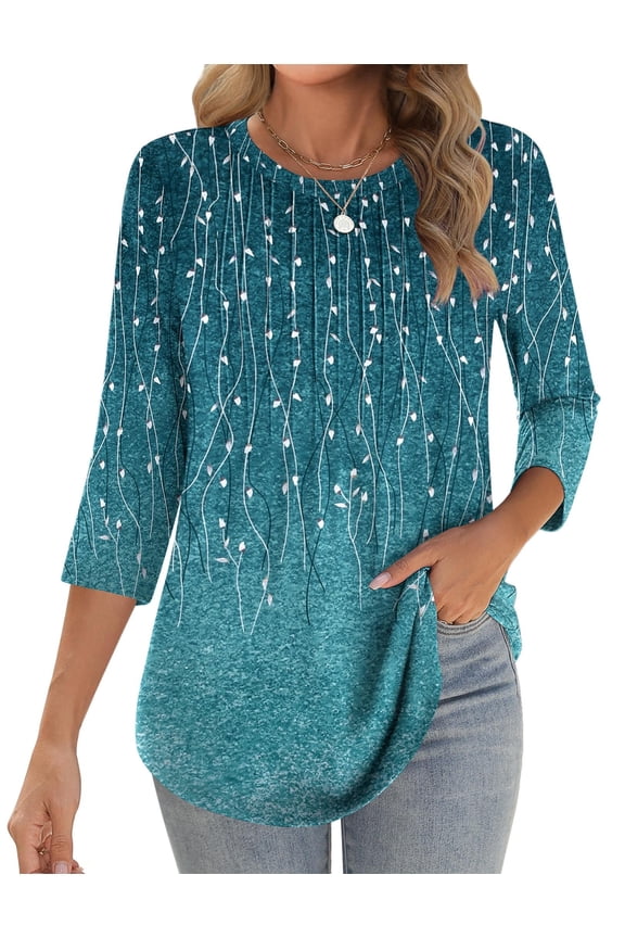 Women Blouses 3/4 Length Sleeve Loose Shirts Cute Spring Summer Blouses Pleated Plus Size Floral Tunics Crewneck Clothes