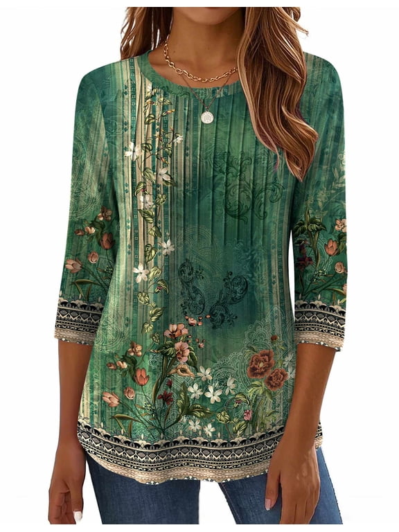 Women Blouses 3/4 Length Sleeve Loose Shirts Cute Spring Summer Blouses Pleated Plus Size Floral Tunics Crewneck Clothes