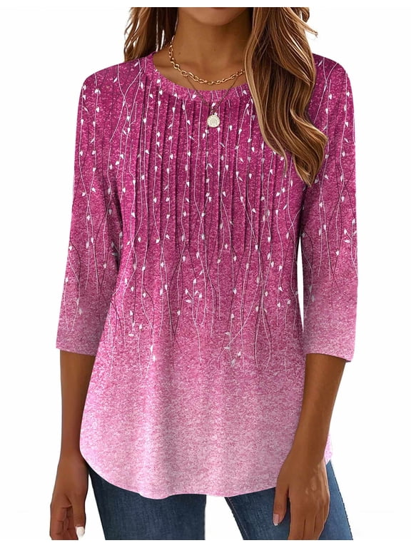 Women Blouses 3/4 Length Sleeve Loose Shirts Cute Spring Summer Blouses Pleated Plus Size Floral Tunics Crewneck Clothes