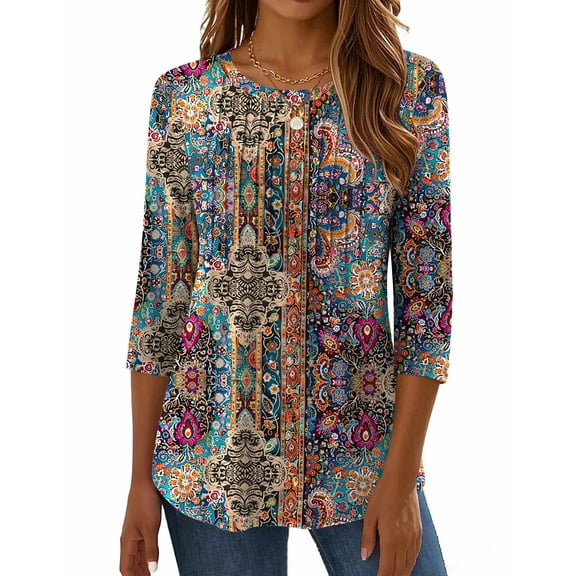 Zeagoo Women Blouses 3/4 Length Sleeve Loose Shirts Cute Spring Summer Blouses Pleated Plus Size Floral Tunics Crewneck Clothes