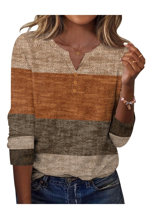 Women Blouses Casual Long Sleeve Fall Tops Henley V Neck Floral Shirts Dressy Summer Spring Clothes