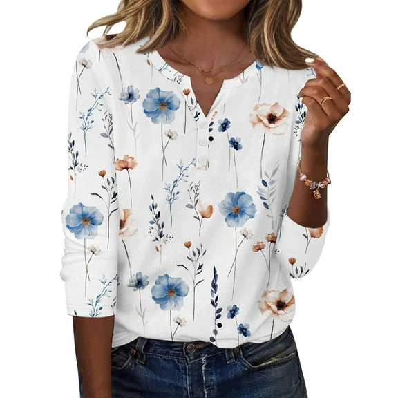 Zeagoo Women Blouses Casual Long Sleeve Fall Tops Henley V Neck Floral Shirts Dressy Summer Spring Clothes