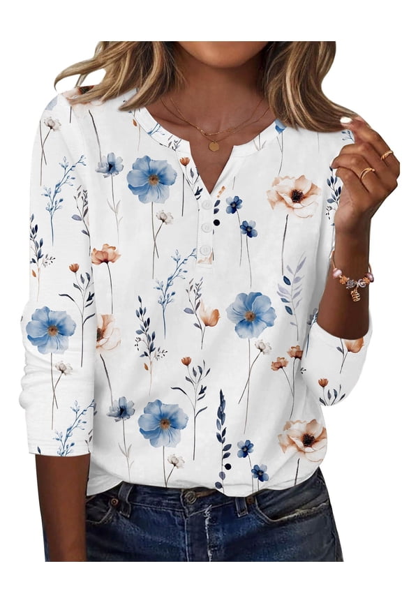 Women Blouses Casual Long Sleeve Fall Tops Henley V Neck Floral Shirts Dressy Summer Spring Clothes
