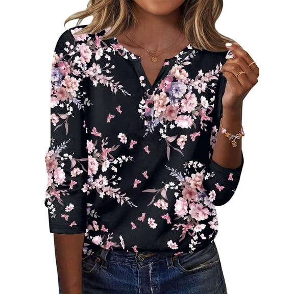 Zeagoo Women Blouses Casual Long Sleeve Spring Fall Tops Henley V Neck Floral Boho Shirts Dressy Summer Clothes