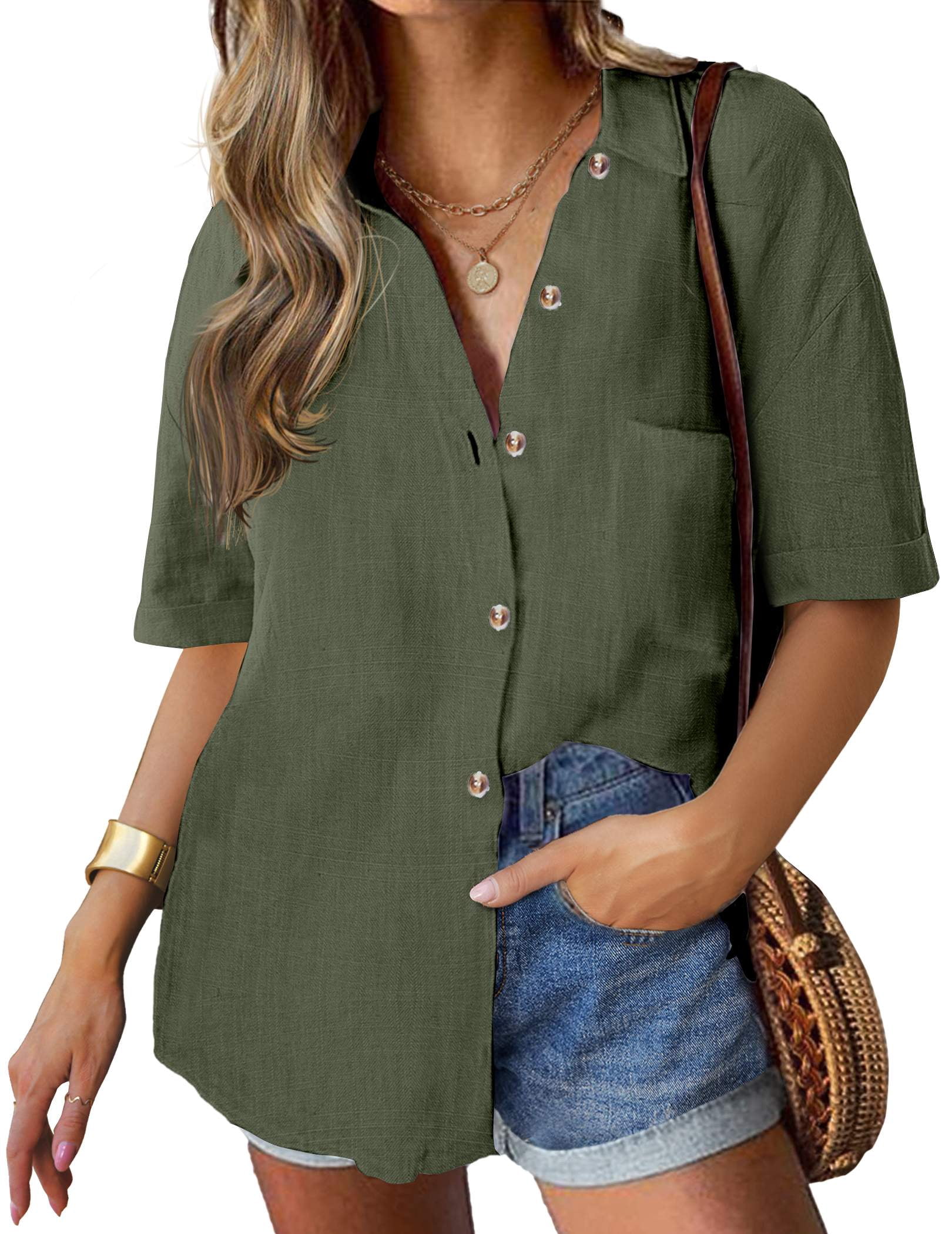 Zeagoo Women Button Down Shirt Cotton Short Sleeve Collared Casual ...