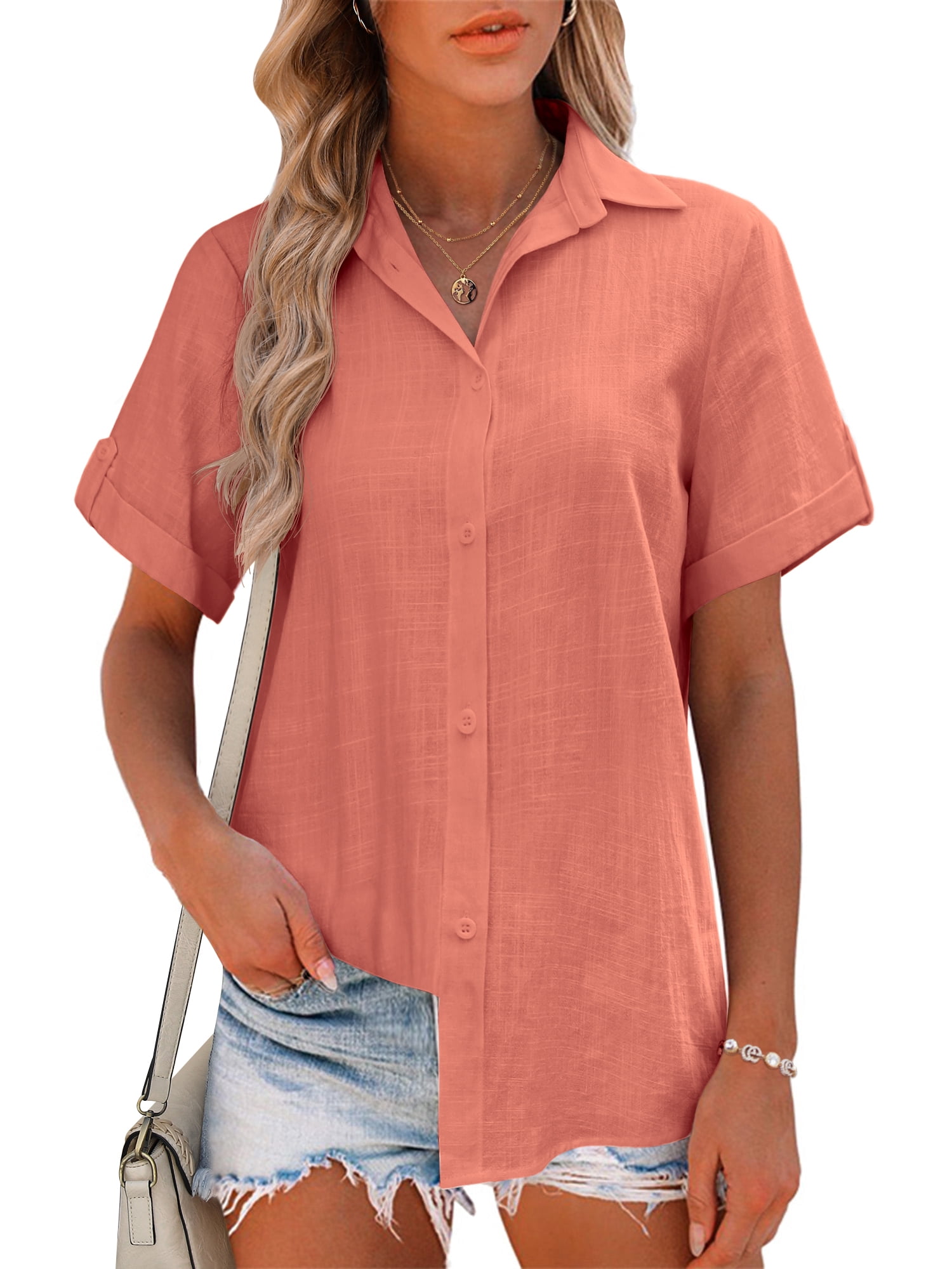 Zeagoo Women Button Down Shirt Short Sleeve Cotton Blouses Collared ...