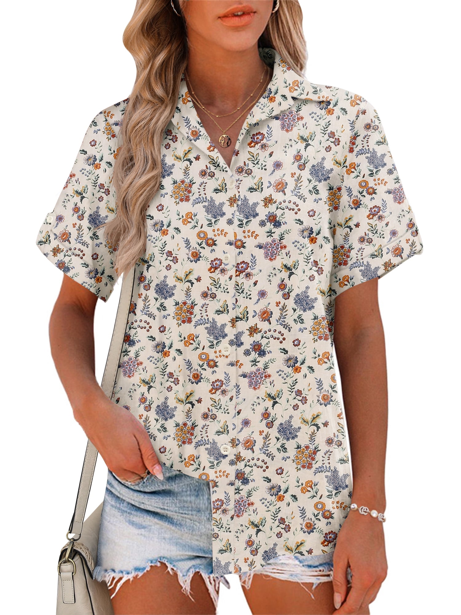 Zeagoo Women Button Down Shirt Short Sleeve Cotton Blouses Collared ...