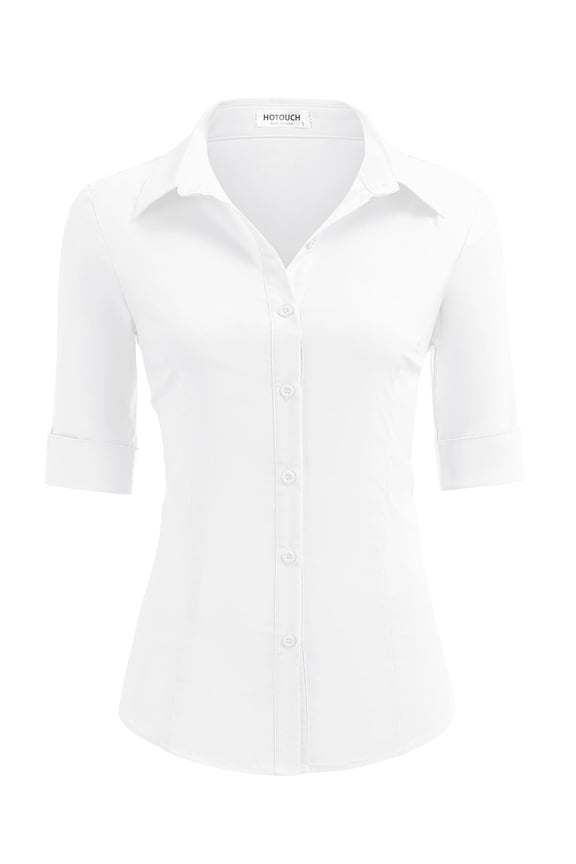 Women Button Up Shirt 3/4 Sleeve Button Down Dress Shirts Basic Cotton Fitted Button Up Shirts