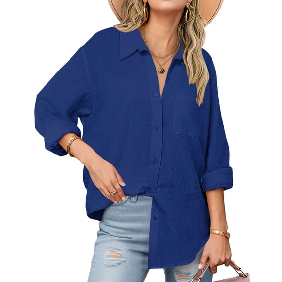 Zeagoo Women Button Up Shirt Rolled Sleeved Collared Cotton Tops Long Sleeve V Neck Business Casual Blouse