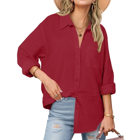 Zeagoo Women Button Up Shirt Rolled Sleeved Collared Cotton Tops Long Sleeve V Neck Business Casual Blouse