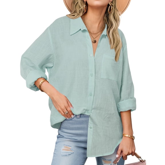 Zeagoo Women Button Up Shirt Rolled Sleeved Collared Cotton Tops Long Sleeve V Neck Business Casual Blouse