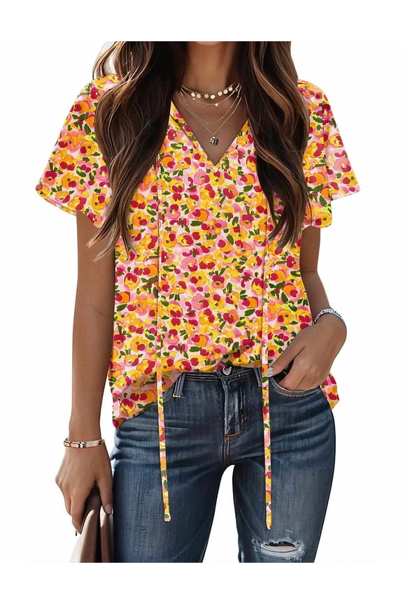 Women Casual Boho Blouse Summer Short Sleeve Shirts Floral Printed V Neck with Drawstring