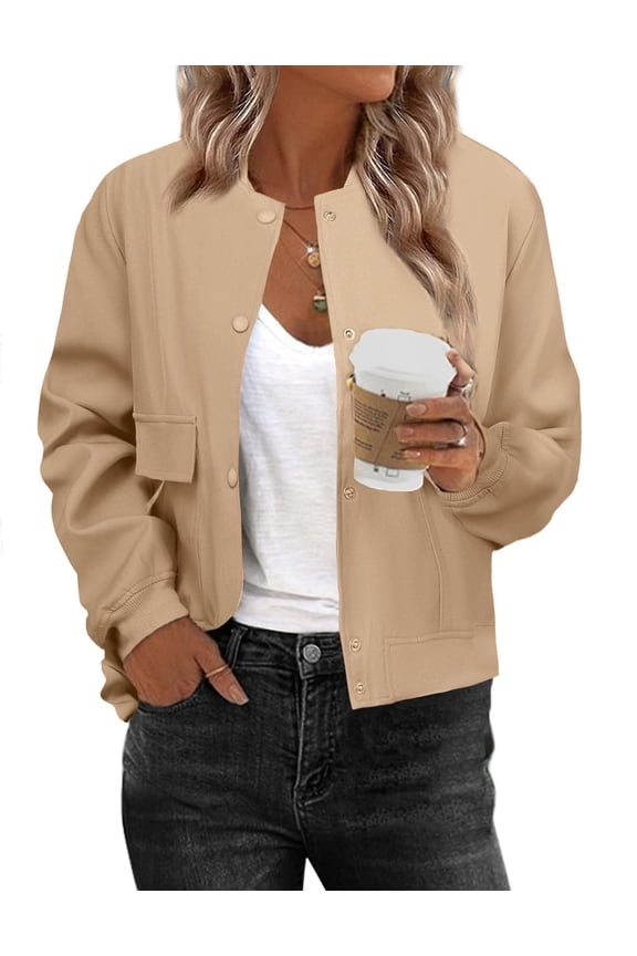Women Casual Jackets Cropped Bomber Solid Color Long Sleeve Coat Fall Outwear with Pockets Cold Weather Clothes