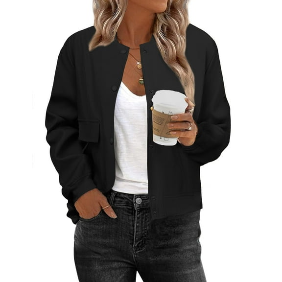 Zeagoo Women Casual Jackets Cropped Bomber Solid Color Long Sleeve Coat Fall Outwear with Pockets Cold Weather Clothes