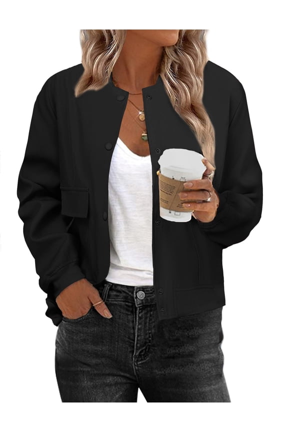 Women Casual Jackets Cropped Bomber Solid Color Long Sleeve Coat Fall Outwear with Pockets Cold Weather Clothes