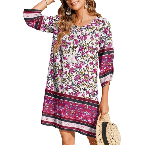 Zeagoo Women Casual Summer Dress Boho V Neck Long Sleeve Vocation Floral Print Flowy Beach Dresses