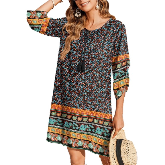 Zeagoo Women Casual Summer Dress Boho V Neck Long Sleeve Vocation Floral Print Flowy Beach Dresses