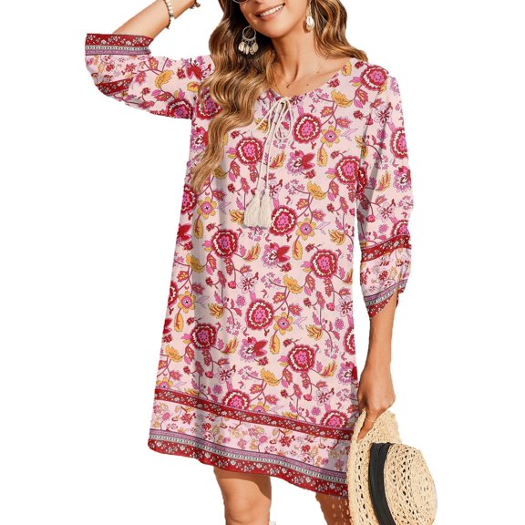 Zeagoo Women Casual Summer Dress Boho V Neck Long Sleeve Vocation Floral Print Flowy Beach Dresses