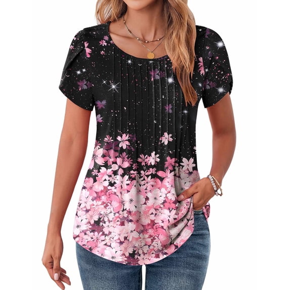 Zeagoo Women Casual T-Shirts Loose Petal Short Sleeve Tops Tunic Floral Printed Flowy Summer Blouses