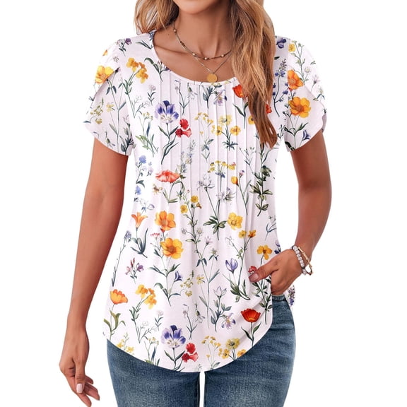 Zeagoo Women Casual T-Shirts Loose Petal Short Sleeve Tops Tunic Babydoll Floral Printed Flowy Summer Blouses