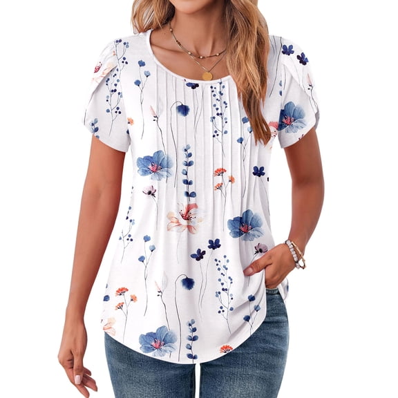 Zeagoo Women Casual T-Shirts Loose Petal Short Sleeve Tops Tunic Floral Printed Flowy Summer Blouses