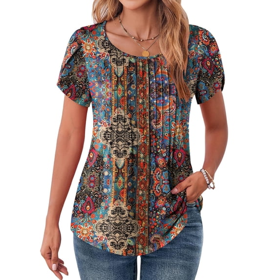 Zeagoo Women Casual T-Shirts Loose Petal Short Sleeve Tops Tunic Babydoll Floral Printed Flowy Summer Blouses