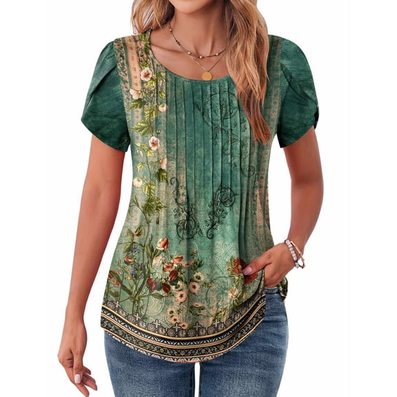 Zeagoo Women Casual T-Shirts Loose Petal Short Sleeve Tops Tunic Floral Printed Flowy Summer Blouses
