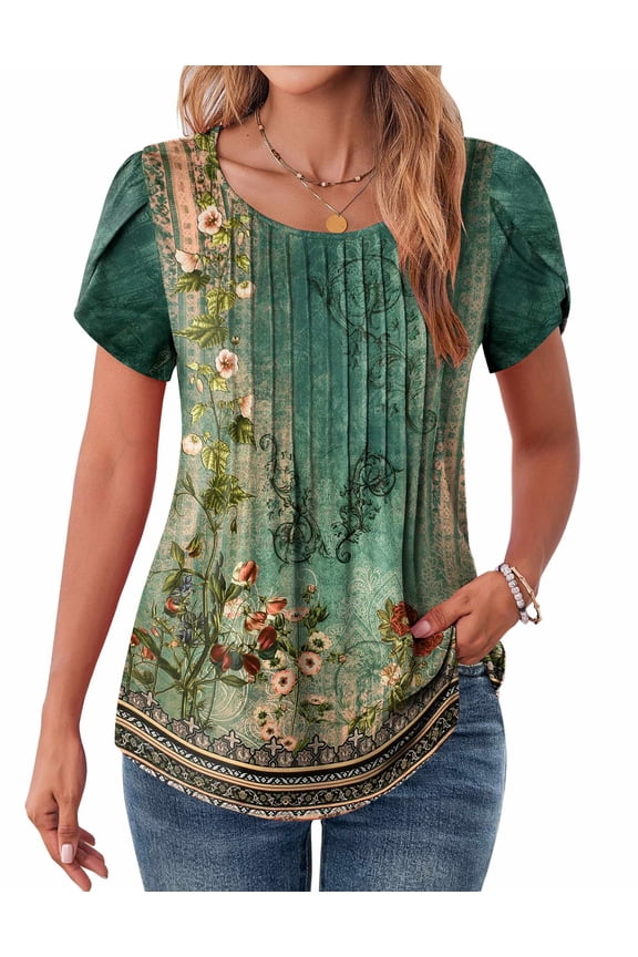 Women Casual T-Shirts Loose Petal Short Sleeve Tops Tunic Floral Printed Flowy Summer Blouses