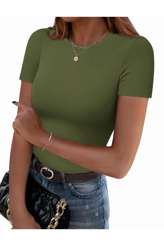 Women Crewneck Slim Fitted Short Sleeve T Shirts Cute Stretchy Bodycon Basic Tee Tops