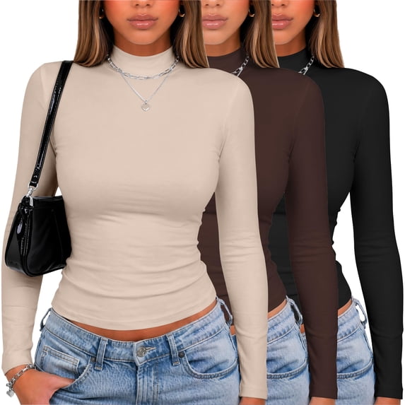 Zeagoo Women Fall Clothes 3 Pack Long Sleeve Shirts Slim Fit Mock Neck Tops