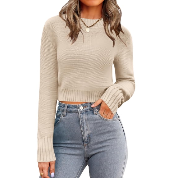 Zeagoo Women' Fall Crewneck Cropped Sweater Trendy Long Sleeve Ribbed Knit Pullover Jumper Tops