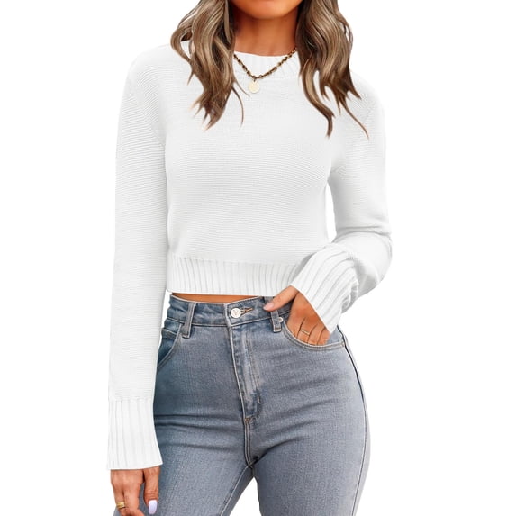 Zeagoo Women' Fall Crewneck Cropped Sweater Trendy Long Sleeve Ribbed Knit Pullover Jumper Tops